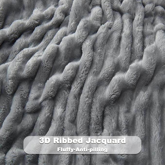 NEWCOSPLAY Super Soft Twin Blanket Light Grey Premium Silky Flannel Fleece 3D Ribbed Jacquard Lightweight Bed Blanket All Season Use (Light Grey Ribbed, Twin(60"x80"))