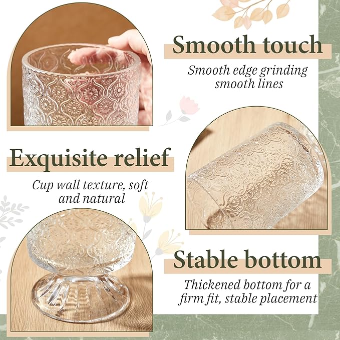 6 Pcs (H:7" W:4") Embossed Flower Vase Fall Pedestal Glass Vase Big Base Thickened Crystal Vintage Vases for Autumn Wedding Home Decor Table Centerpiece House Warming Gifts(Clear)