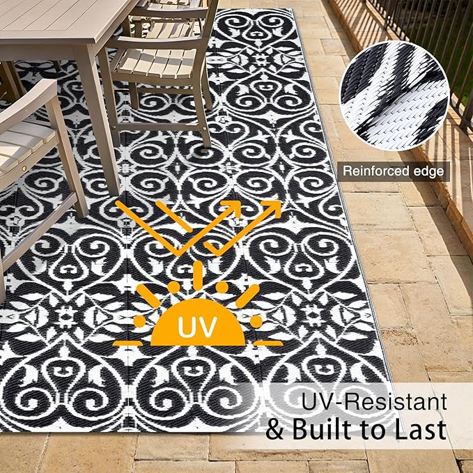 OLANLY Outdoor Rug Waterproof 5x8 ft Clearance, Reversible Outdoor Plastic Straw Rug with Floral Pattern, RV Mat for Patio, Camping, Balcony, Deck, Backyard, Black & White