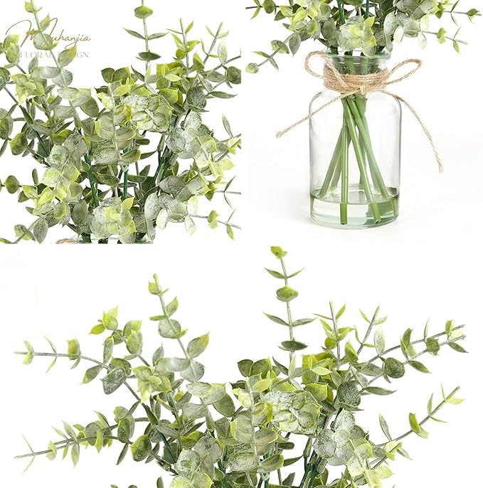 Artificial Eucalyptus Stems in Glass Vase with Faux Water,7Pcs Fake Plant for Centerpiece Bathroom Farmhouse Room Home Decor (Sage Green Eucalyptus)