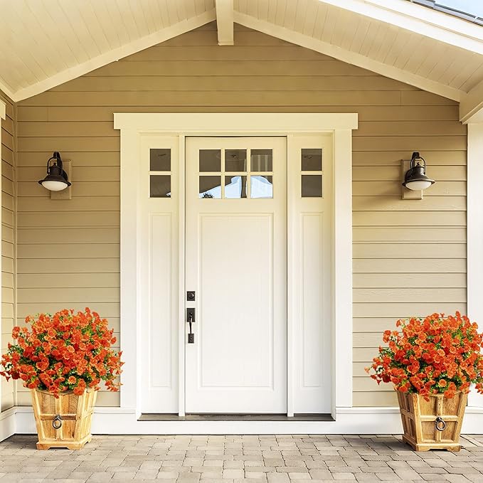 Artificial Flowers for Outdoor Decoration,16 Bundles Fake Silk Realistic Orange Morning Glory UV Resistant Faux Plastic Plants for Planter Porch Patio Yard Balcony(Orange Red)