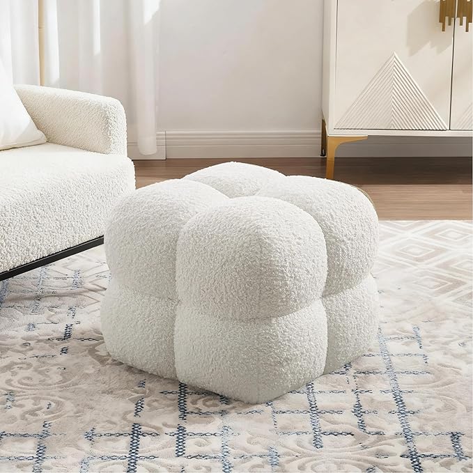 Zesthouse Square Pouf Ottoman, Modern Ottoman Coffee Table for Living Room, Fuzzy Sherpa Couch Foot Rest, Upholstered Tufted Cube Stool for Couch, White