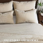 Qucover Velvet Quilt King Size Bedding Set, 106"x98" Oversized King Velvet Quilt and Sham Set, Luxury Cream Beige Striped Comforter, Ultra Soft Winter Quilted Bedspread Coverlet for All Seasons