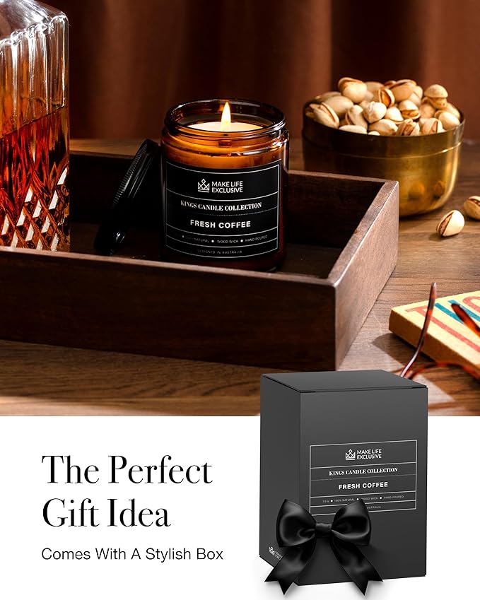 Scented Candles for Men | Fresh Coffee, Smells of Espresso | Wooden Wick, Long Lasting, Masculine Scents | Natural Soy Jar Candle for Home, Bachelor Pad Decor | The Perfect Mens Gift