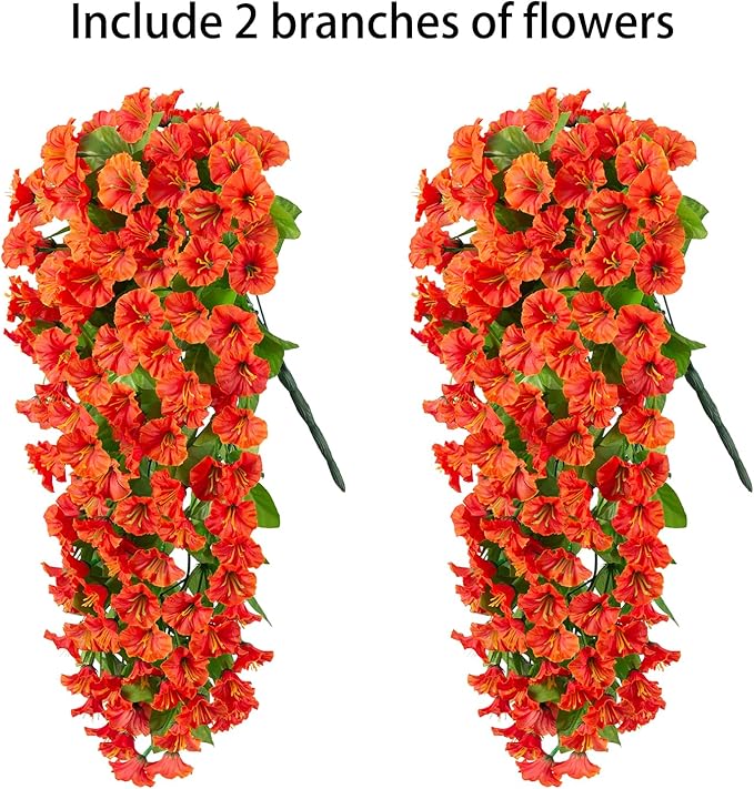 Artificial Fake Fall Hanging Flowers Plants for Outdoor Outside, 2 PCS Faux Silk Orange Morning Glory Trailing Vines Look Real UV Resistant for Autumn Porch Planter Patio Decor
