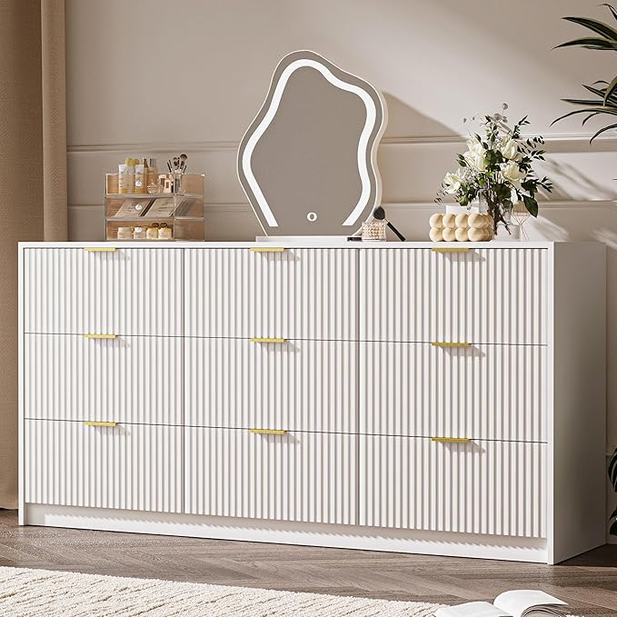 White Dresser for Bedroom, 9 Drawer Double Dresser, Modern Chest of Drawers for Bedroom, Living Room, Entryway and Closet, 63" L x 15.7" D x 31.5" H