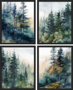 SIGNWIN Framed Poster Green & Teal Watercolor Forest Pine Trees Nature Wilderness Photography Realism Decorative Rustic Cozy Zen for Living Room, Bedroom, Office - 12"x16"x 4 Black