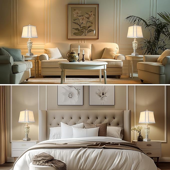 28.5" Lamps for Living Room - Table Lamps Set of 2 with Night Light,Bedside Lamp with White Linen Cut Corner Shade - for Bedroom Room and Nightstand with USB A+C Ports- for Office Hotel(Bulb Included)