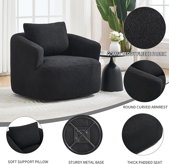 Swivel Accent Chair,360° Rotating Barrel Chair,Teddy Fleece High-Resilience Sponge Single Sofa, Easy Assembly for Living Room, Bedroom, Apartment Black