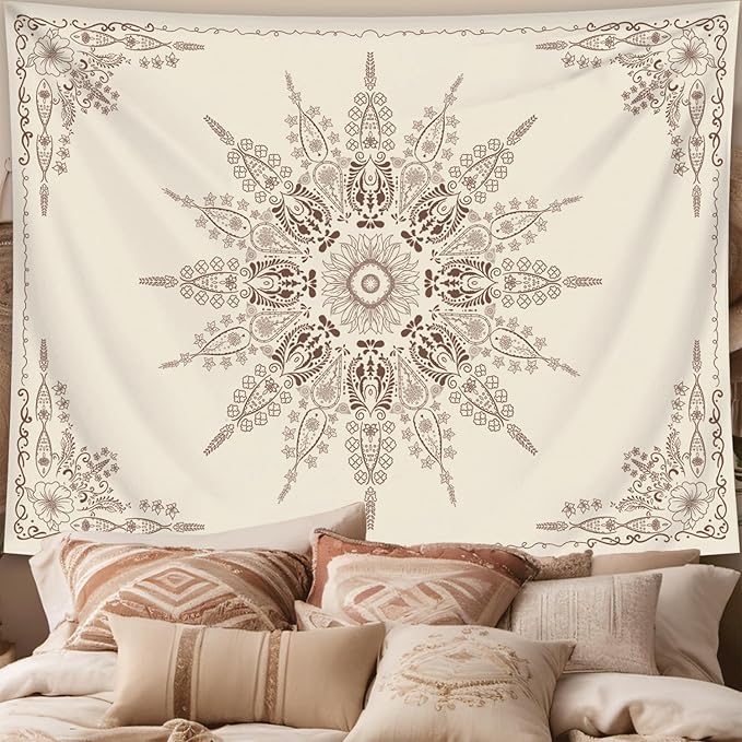 FORATER Floral Bohemian Tapestry, Flower Aesthetic Tapestry Indian Wall Hanging Boho Tapestries Mandala Room Decor for Bedroom Living Room Dorm (Flaxen, 61L x 53W)