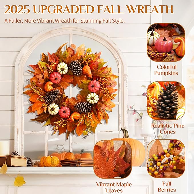 Fall Decor - Fall Wreaths for Front Door Outside, 20 Inch Fall Door Wreath, Handcrafted Autumn Wreath with Colorful Pumpkins Maple Leaves, Fall Decorations for Home Front Door Porch Thanksgiving Decor