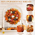 Fall Decor - Fall Wreaths for Front Door Outside, 20 Inch Fall Door Wreath, Handcrafted Autumn Wreath with Colorful Pumpkins Maple Leaves, Fall Decorations for Home Front Door Porch Thanksgiving Decor