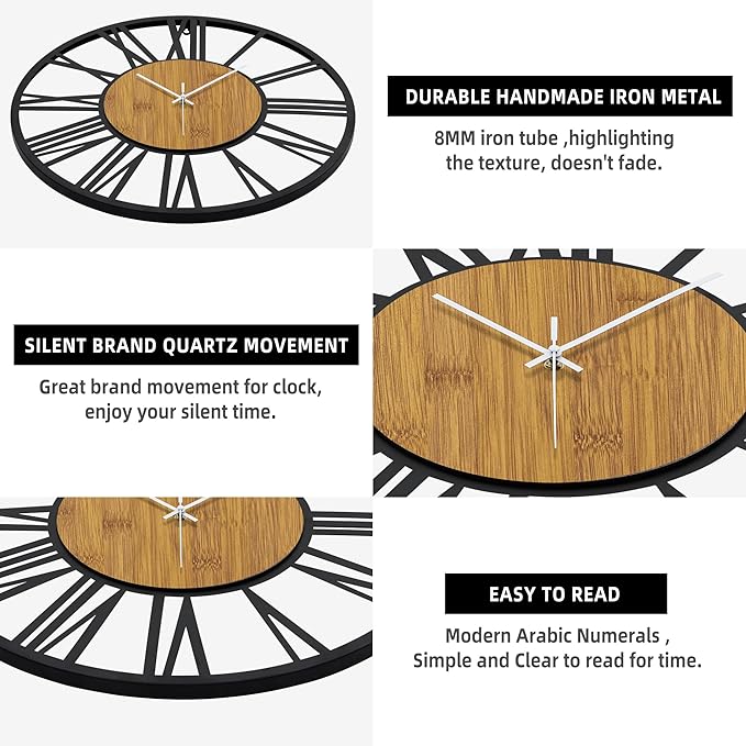 1st owned Wall Clocks for Living Room Decor,32" Vintage,Round Silent Little Ticking,Black Metal,Modern Wood Clocks for Home Bedroom,Kitchen,Garden,Office,Cafe,Modern Wall Decoration -Roman Numerals