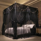 VETHIN 4 Corners Post Ruffle Princess Bed Canopy Curtain-Double Layer Cozy Drape Netting 4 Opening Mosquito Net for Girls Adults Bedroom Decoration (Double-Black, 53" W*78" L*82"*H/(Full))