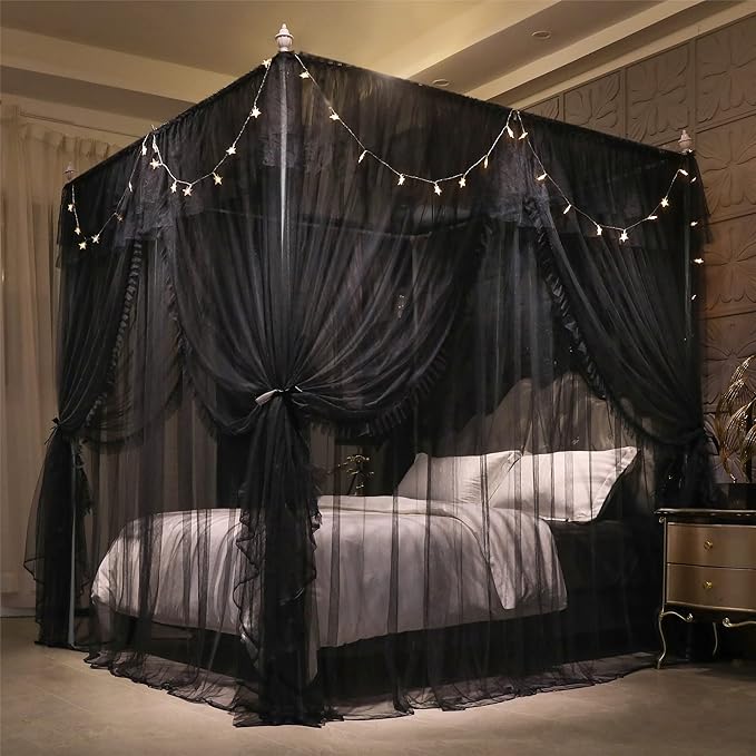 VETHIN 4 Corners Post Ruffle Princess Bed Canopy Curtain-Double Layer Cozy Drape Netting 4 Opening Mosquito Net for Girls Adults Bedroom Decoration (Double-Black,47" W*78" L*82" H/Twin)
