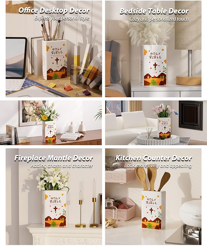 Bible Blessings Fall Flower Vase - Modern Ceramic Book-Shaped Vase for Flowers - Christian Desk Decor for Prayer Room, Dining Table, Coffee Tables, Entryway Console, Religious Gifts (Orange Fall, XL)