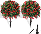 Artificial Boxwood Topiary Tree with Rose, Set of 2 Artificial Shrub Bushes with Ground Spike, Fake Evergreen Tree for Porch, Artificial Plants for Outdoor Planters Indoor UV Resistant