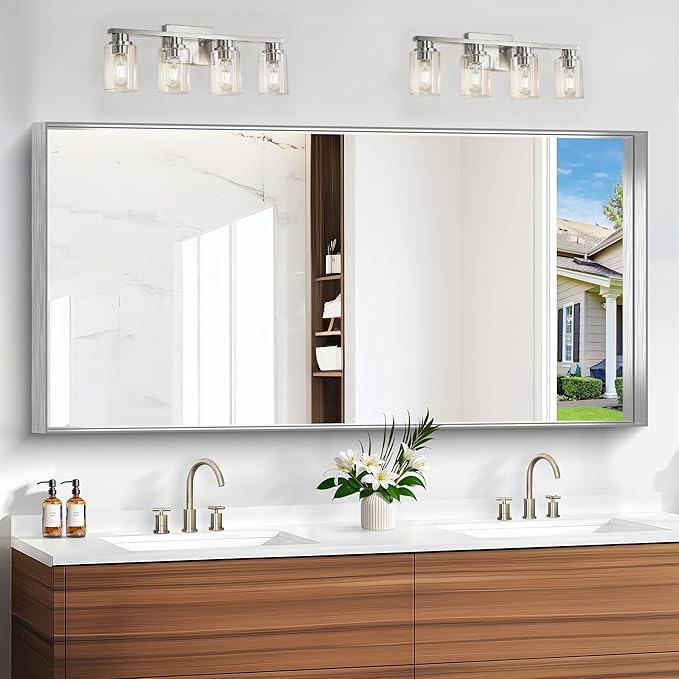 Silver Bathroom Mirror, 30x60 Inch Rectangular Deep Frame Mirror, Large Wall Mounted Bathroom Vanity Mirror Over Sink for Bedroom,Restroom, Living Room, Hangs Vertically or Horizontally