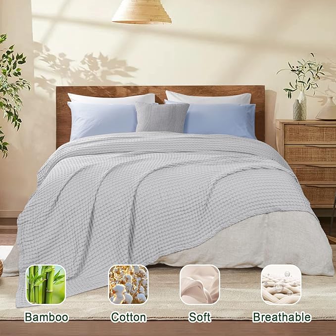 PHF Cooling Waffle Blanket Twin Size, Lightweight 60% Rayon Derived from Bamboo & 40% Cotton Breathable Blanket for Hot Sleepers, Ultra Soft and Luxury for Bed Couch and Sofa, 66"x90", Grey