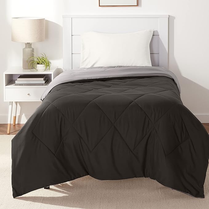 Amazon Basics Comforter Blanket Twin/Twin XL, Reversible Lightweight Microfiber All Season Blanket, Black/Grey