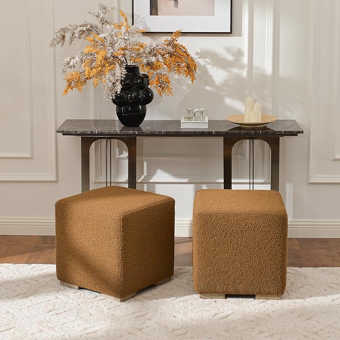 KINWELL 18.5" Wide Modern Square Boucle Upholstered Ottoman with Solid Wood Legs Set of 2, Cube Ottoman Multi-Functional Sofa Footrest, Extra Seating for Living Room, Bedroom, Fully Assembled (Brown)