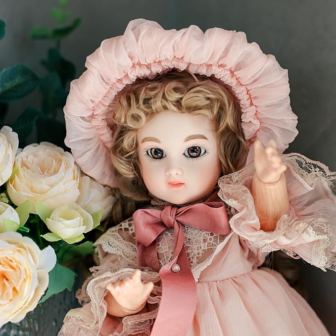 16-Inch BJD Vinyl Bisque Doll, Scale Poseable Vintage Court Doll with Victorian Dress, Collectible Doll with Gift Box for Display, Decoration, Birthday Gift Name Porcelosia (Pink)