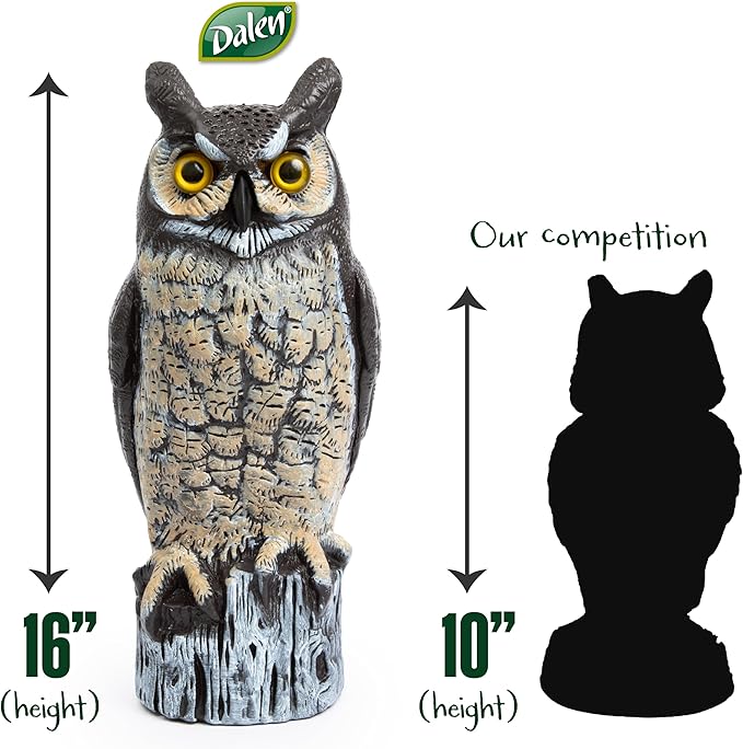 Dalen Large Fake Owl Decoy to Scare Birds Away - Garden Scarecrow Provides Natural Pest Control - 16" Tall - Great Horned Owl
