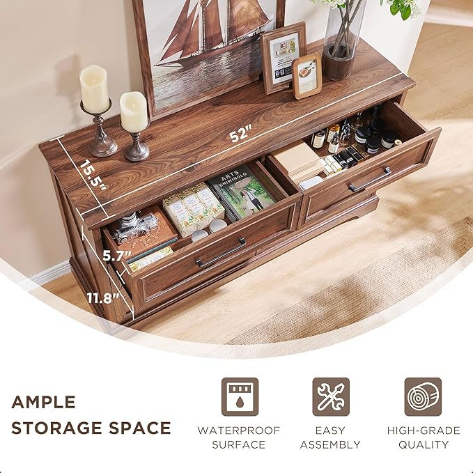 ACCOHOHO Farmhouse 6 Drawer Dresser for Bedroom, 52 Inch Wide Modern Dresser TV Stand with Large Drawers & Bar Handles, Rustic Wood Chest of Drawers for Bedroom, Living Room, Hallway, Brown