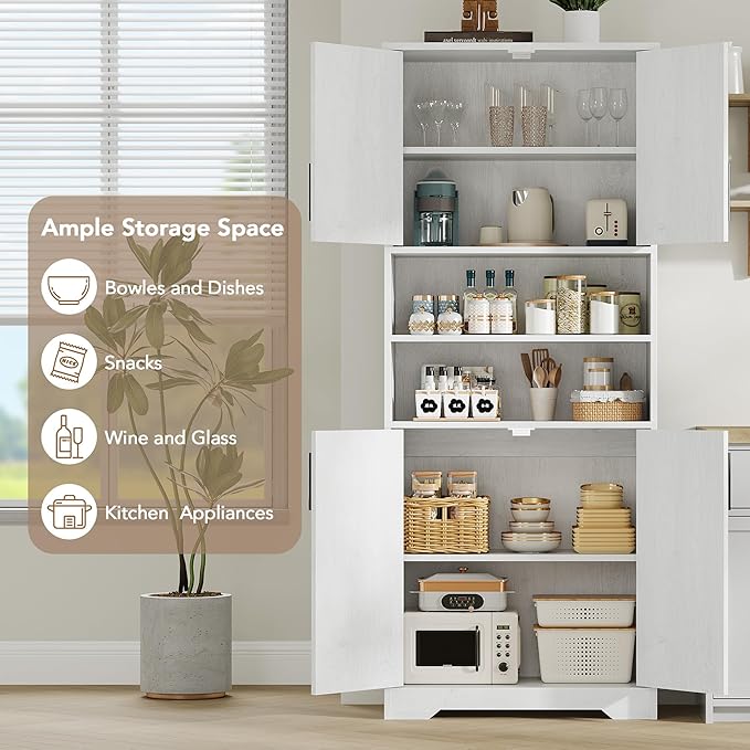 GarveeHome 67" Tall Storage Cabinet, Tall Bathroom Cabinet with 4 Doors and Adjustable Shelves, Freestanding Kitchen Pantry Cabinets, Cupboard for Living Room, Dining Room, Antique White