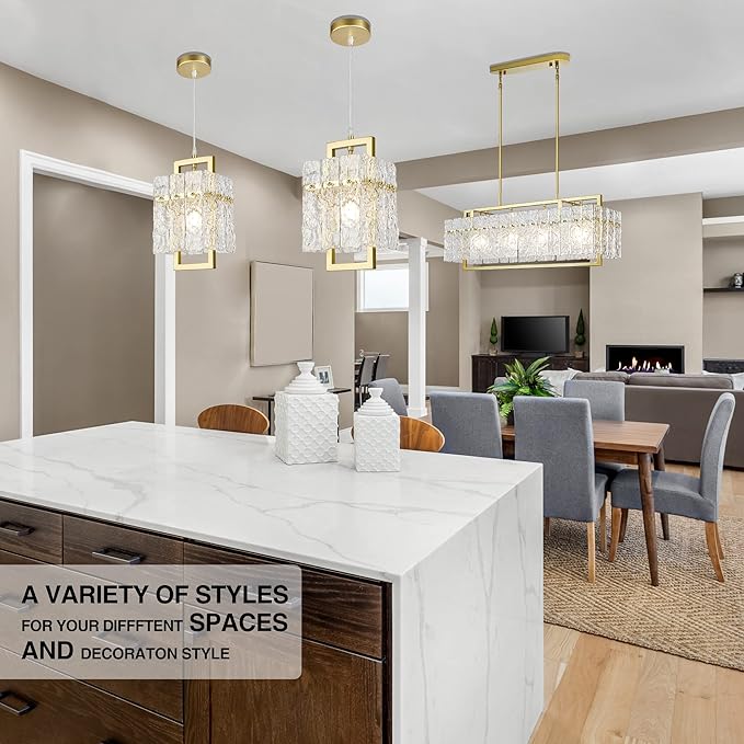IKK Gold Crystal Pendant Light for Kitchen Island, Luxury Water Ripple Glass Chandelier Lights Fixture, Modern Elegant Adjustable Pendant Lighting for Dining Room Bedroom, E12 Bulb, L6.5'' x H11.8''