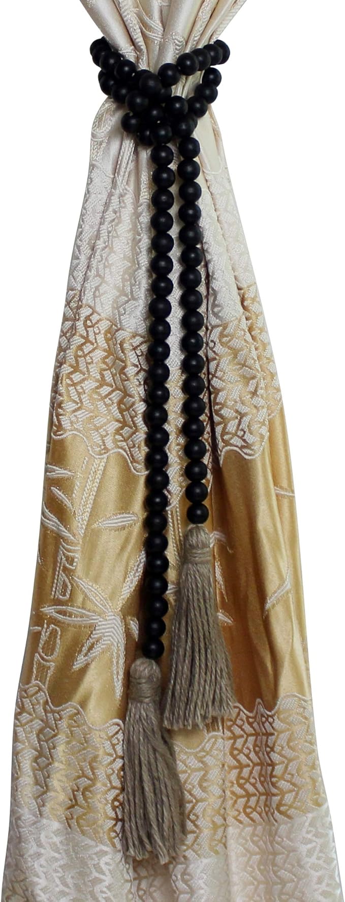 CVHOMEDECO. Wood Beads Garland with Tassels Farmhouse Rustic Wooden Prayer Bead String Wall Hanging Accent for Home Festival Decor. Black