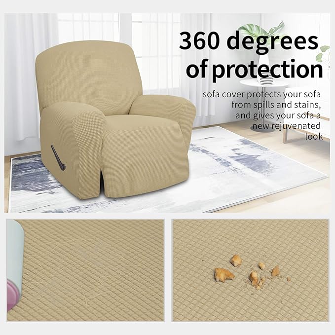 Easy-Going 4 Pieces Oversized Recliner Stretch Sofa Slipcover Sofa Cover Furniture Protector Couch Soft with Elastic Bottom Polyester Spandex Jacquard Fabric Small Checks Beige X-Large