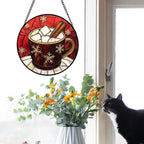 Stained Glass Window Hanging 4 Pcs Set Red Christmas Themed Decorations Large 15" - Suncatcher Door Garden Sun Catcher Decor Birthday New Year for Mom Woman Nana Men