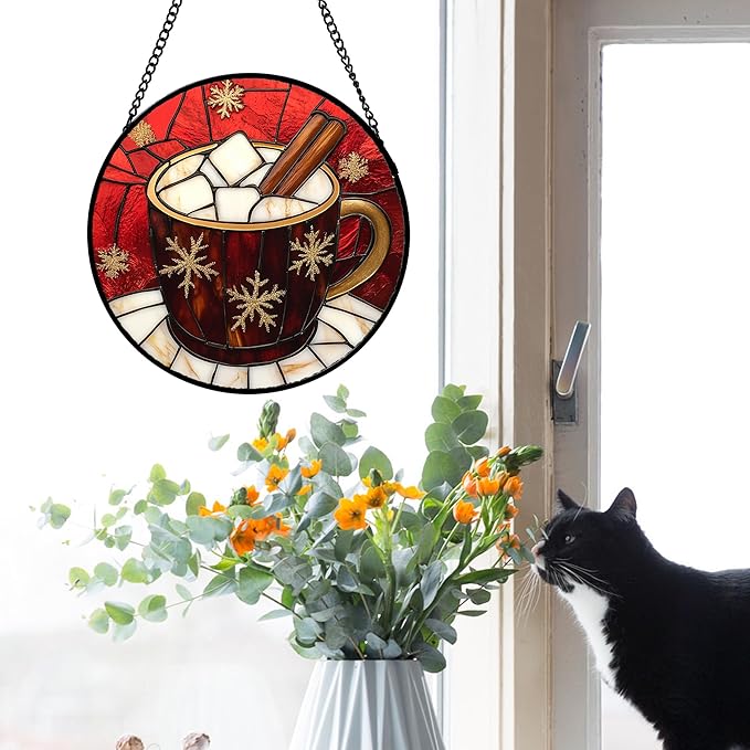 Stained Glass Window Hanging 4 Pcs Set Red Christmas Themed Decorations 6.3" - Suncatcher Door Garden Sun Catcher Decor Birthday New Year for Mom Woman Nana Men