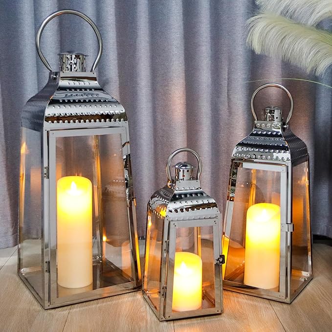 TRIROCKS Set of 3 Stainless Steel Candle Lanterns 20.5''&16''&12''H Decorative Candle Holders with Tempered Glass for Indoor Outdoor Porch Parities and Wedding(Silver)