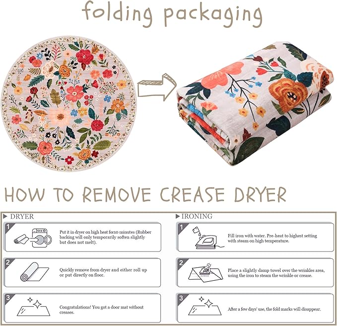 Round Rug 6ft Washable Circle Rug Non Slip Low Pile Boho Floral Small Circular Rug for Bedroom, Bathroom, Entryway, Kids Room, Office, College Dorm(Beige)