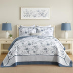 DDUOXIN Botanical Oversized Queen Bedspread - 102" W x120 L Extra Wide 100% Cotton California Quilt, Lightweight Reversible Oversize Bedspreads with 2 Pillow Shams, Blue/White/Pale Blue Gray