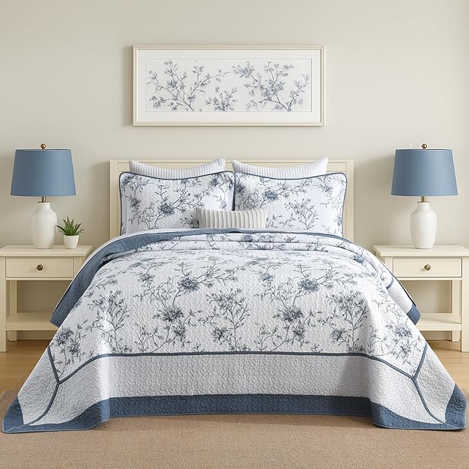 DDUOXIN Botanical Oversized King Bedspread - 120" W x120 L Extra Wide 100% Cotton California Quilt, Lightweight Reversible Oversize Bedspreads with 2 Pillow Shams, Blue/White/Pale Blue Gray