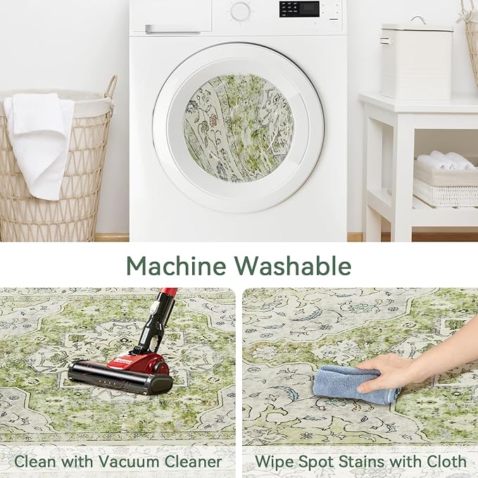 Topllen Washable Area Rug - 5'x7' Boho Living Room Rug, Non-Slip Soft Rugs Indoor for Bedroom Dining Room Office, Vintage Throw Large Carpet Stain Resistance (Green, 5x7ft)