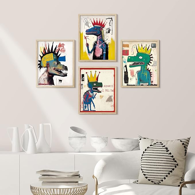 SIGNWIN Framed Vintage Retro Antique Basquiat Dinosaur Print Wall Art, Set of 4 Illustration Wall Decor Prints, Multicolor Contemporary Wall Décor for Living Room, Bedroom - 11"x14" Natural