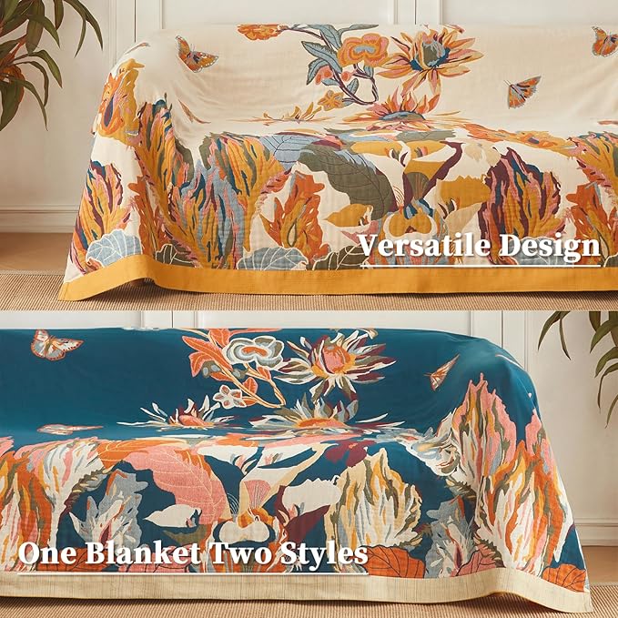 Cotton Throw Blanket Floral Printed Throw for Bed Soft Breathable Farmhouse Blankets Home Decoration Picnic Blanket (60"x80",02-Colorful Flowers)