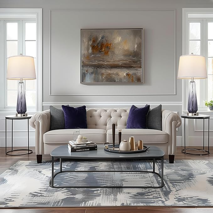 Glass Table Lamps Set of 2, Modern Bedside Lamps for Bedrooms with USB A+C Ports, 3-Way Dimmable Touch Control Nightstand Lamp with White Linen Shade, 27.5" Large Lamps for Living Room Decor, Grey