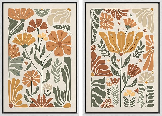 SIGNFORD Framed Canvas Print Wall Art Set Vintage Flower in Pastel Illustration Modern Art Decorative Nordic Nature for Living Room, Bedroom, Office - 24"x36"x2 White