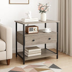 27 Inch Wide Night Stand with Charging Station, Wood Nightstand with Open Shelf, Large Drawer Bedside Table for Living Room/Bedroom/Office (Rustic Gray)