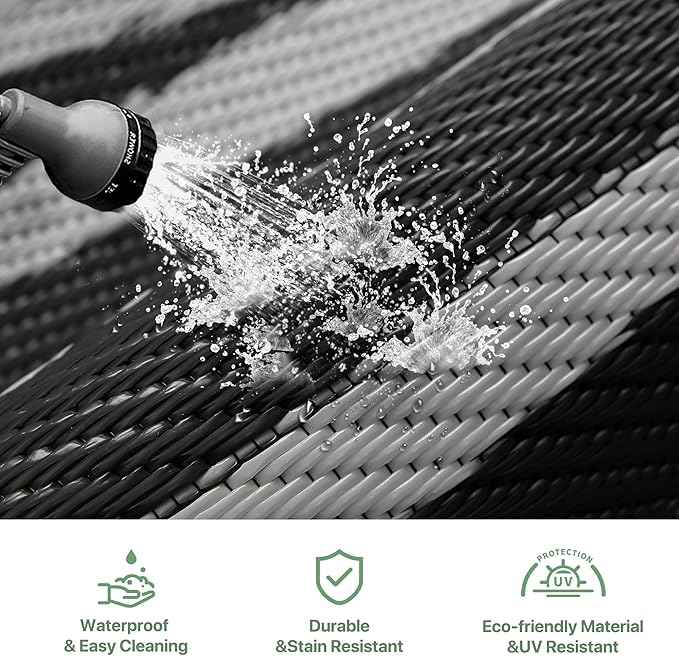 GENIMO Outdoor Rug Waterproof 6'x9' for Patio, Foldable Reversible Plastic Straw Carpet for Travel Trailers, Outside Area Mat for Rv, Deck, Picnic, Porch, Camper, Balcony, Beach, Black & Grey
