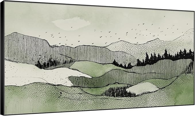 SIGNWIN 36"x60" Extra Large Framed Wall Art Green Line Art Mountain Landscape Illustration for Home Living Room Bedroom Decor (Frame Assembly Required)