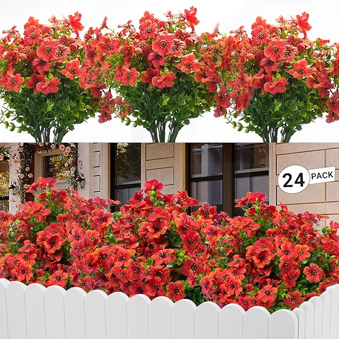 24 Bundles Artificial Flowers for Outdoors & Indoors – UV Resistant Faux Plastic Plants for Garden, Patio, Porch, Window Box, Home Decor – Lush & Vibrant Fake Flowers, Orange
