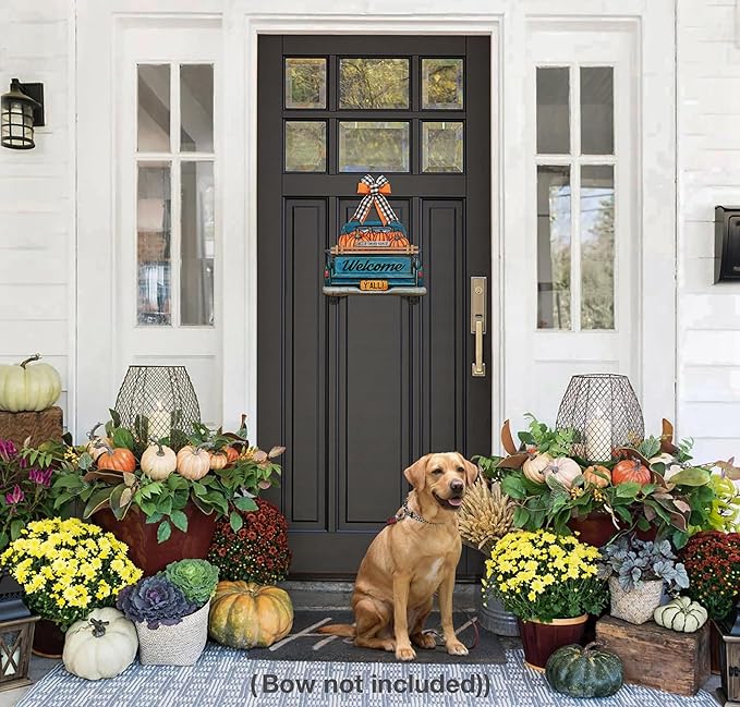 Interchangeable Welcome Sign for Front Door Blue Farmhouse Truck Decor Hanging Sign with 11 Interchangeable Seasonal and Holiday Decor Signs 12x14 in. (Blue Farmhouse Truck)