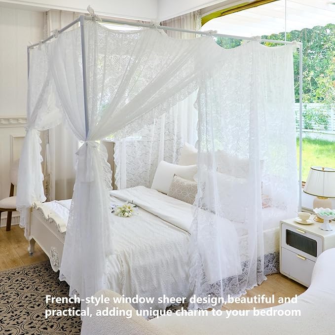AIKASY Elegant Lace Princess 4-Poster Bed Canopy Mosquito Net - Romantic Wedding Bridal Bedroom Decor, Kids Room Bed Curtain for Women Adults - (White-3,Twin)