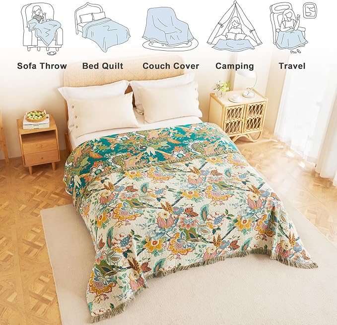 MSGKV Boho Throw Blanket for Bed Twin Size Cotton Muslin Breathable Vine Blanket 60"x80" Sofa Couch Blankets for All Seasons Lightweight Farmhouse Blankets Boho Home Decor